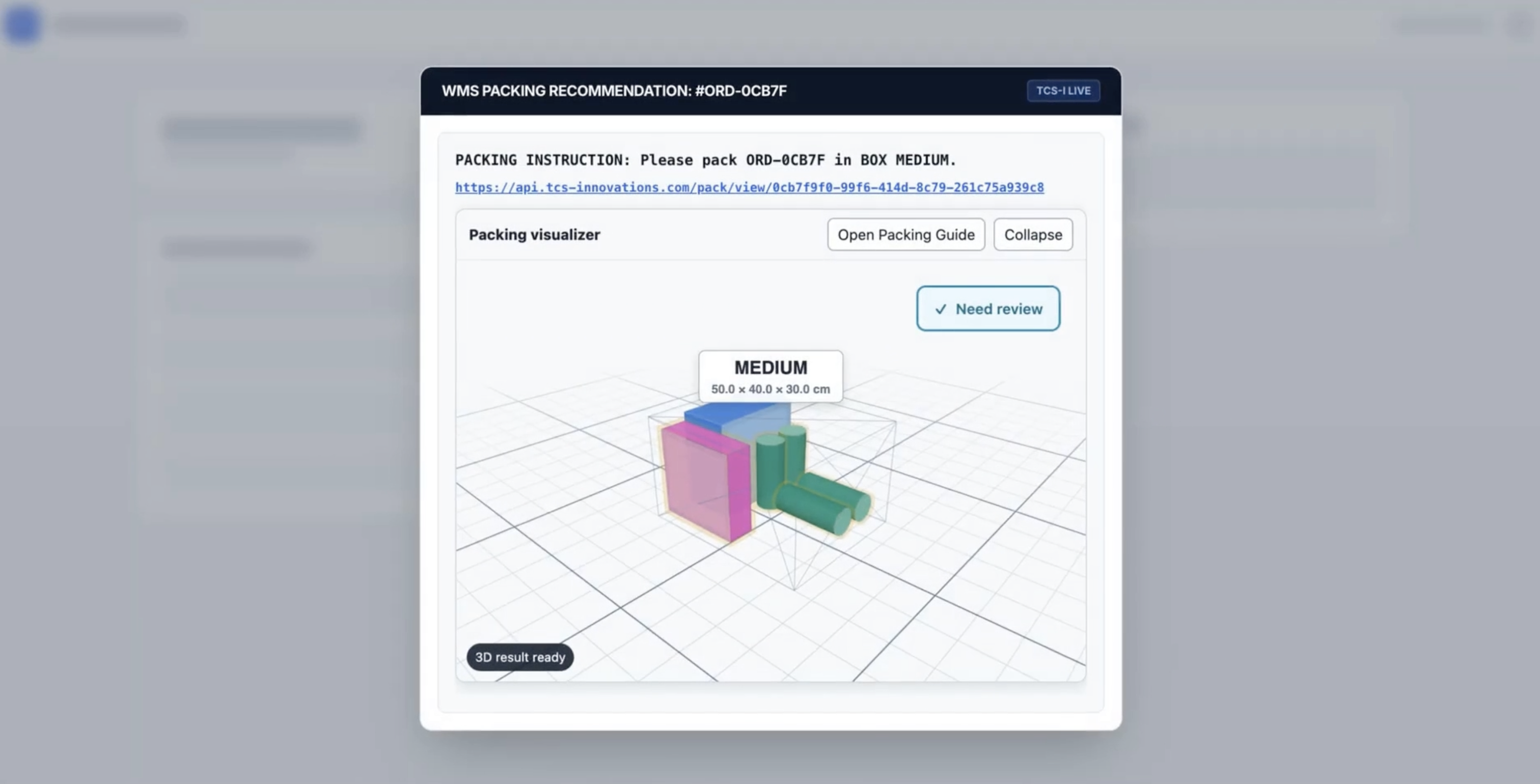 TCS-i Packing Station 3D Visual Instruction Screen