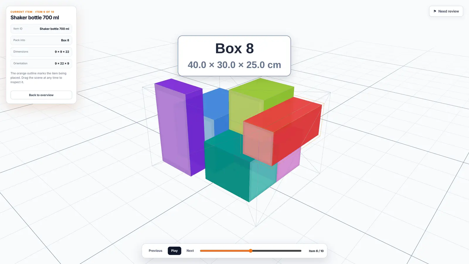 TCS-i packer screen showing step 6 of 10 of a 3D packing guide: a 700 ml shaker bottle being placed into Box 8, 40 by 30 by 25 cm