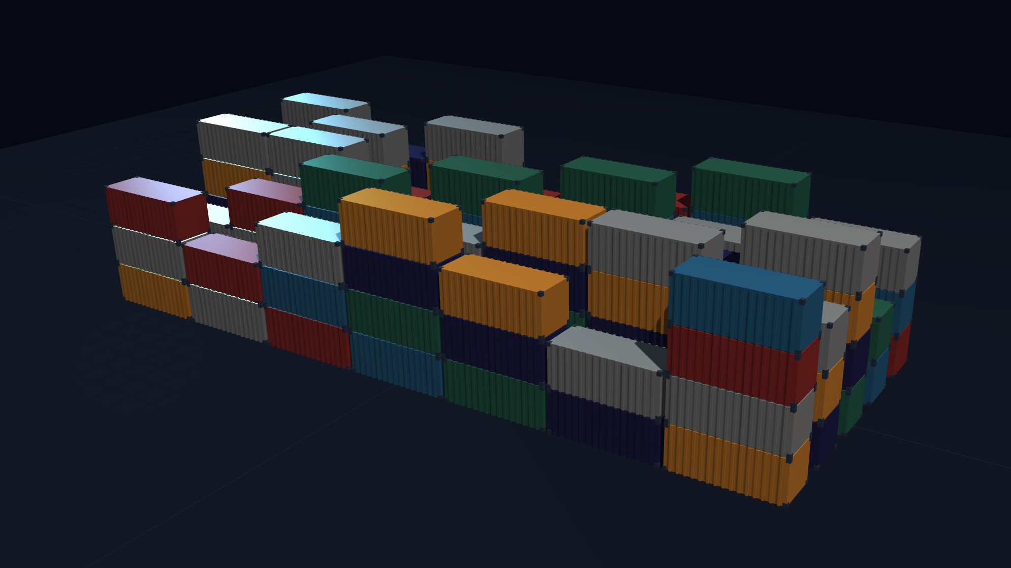 3D visualization of a highly dense container yard block demonstrating spatial geometry constraints